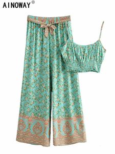 Vintage Chic Women Floral Print Outfits Strap Sleeveless Tops Bohemian Suits Drawstring Pants 2 Pieces Rayon Cotton Boho Sets 240527