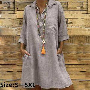 Casual Dresses 2024 Women's Midi Dress With Pocket Turn-down Collar Oversize Shirt Female Solid Loose Clothes