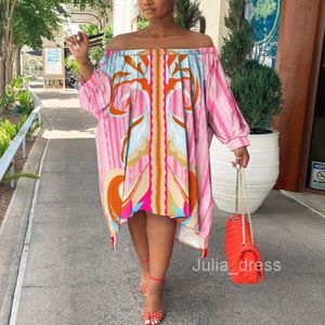 Womens Clothing New Season New Pink One Shoulder Printed Mid Length Skirt Loose Fitting Long Sleeved Dress