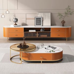 Lätt lyxglas -TV står moderna vardagsrumsmöbler Simple Home Slate Sadel Läder TV Cabinet Oval Tea Table Combination