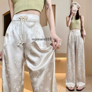 partydress New Chinese style satin jacquard wide leg for women in spring/summer 2024, new high waisted slimming and loose fitting casual floor mop pants