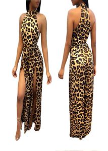 2018 Winter Women Sexy Leopard Print High Split Jumpsuits Stretchy Halter Sleeveless Back Zipper Party Long Skinny Jumpsuit Slim C7318387