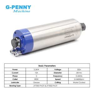 G-Penny 2.2kw ER20 D=80 Water Cooled Spindle Bullet Type 110v 220v 380v Wood / Stone Working 4 pcs Ceramic Ball Bearings