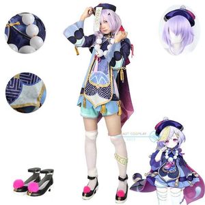 Anime kostümler qiqi cosplay oyunu genshinimpact qiqi cosplay com zombi kız elbise şapka peruk tam set anime rol oynatma karnaval parti kıyafetleri y240422