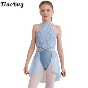 Dancewear Kids Girls Dance Dress Dance Dress Ballet Figura pattinaggio ginnastico bovino senza maniche in pizzo floreale in gabbia moderna abiti da ballo moderni y240524