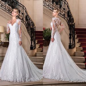Elegant Full Lace A Line Wedding Dresses Vestidos De Noiva V Neck Sheer Long Sleeves Tulle Applique Wedding Bridal Gowns BA7781 291E