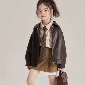 Zestawy odzieży Girl Suit 2024 Autumn Fashion Style Preppy Baby Brązowa skórzana kurtka Kawa Kawa Khaki Khaki Trzyczęściowa spódnica