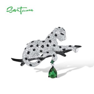 SANTUZZA 925 Silver Brooch For Women Shiny White Black Leopard Wild Animal Daily Wearring Dlicate Gifts Fine Jewelry 240507