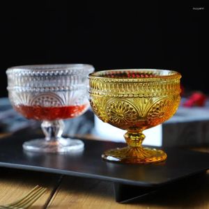 Şarap bardakları vintage kabartmalı renkli goblet 300ml 10oz açık amber kadehler stemware dondurma tatlı kokteyl cam fincan masa dekor