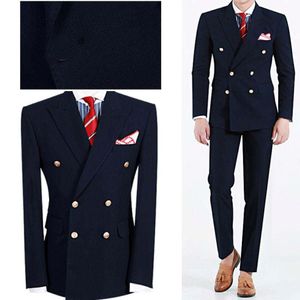 New Arrivals Double Breasted Navy Blue Groom Tuxedos Peak Lapel Groomsmen Mens Wedding Party Suits Jacket Pants 255n