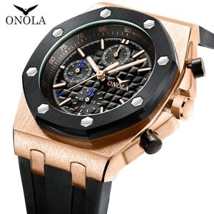 2022new Onola Brand Fashion Casual Quartz Mens Watch Chronograph Многофункциональные наручные часы All Black Gold Metal Watch Watch for Men 197h