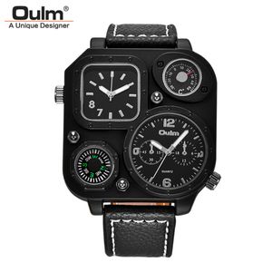 Oulm New Fashion Men's Watches Decorative Compass and Thermometer Quartz Watch Two Time Zone Casual PU Wristwatch 1799