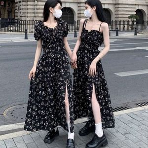 partydress French square neckline floral dress for women's spring 2024 new spicy girl waist length split A-line skirt