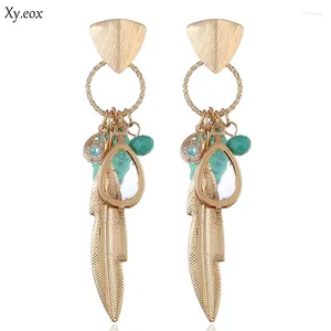 Dangle Küpeler Altın Renkli Metal Yaprak Kolye Küpe Takı Moda Yeşil Howlite Bead Bohemia