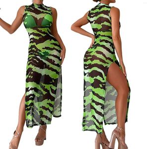 Yiiciovy Damens Summer Beach Langes Kleid grünes ärmellose Bikini-Vertobrate O Halsseite Split Textur Muster Druck Strandwege