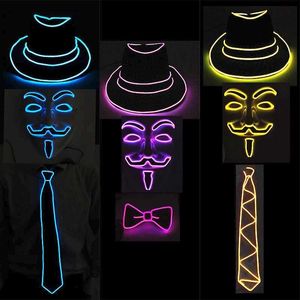 Led Rave Toy PopULar sales LED holiday carnival party role-playing Guy Fox flash set EL hat+luminous tie+neon mask bar dance supplies d240527