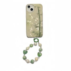 グリーンナショナルスタイルの竹はiPhone15Promax Apple 14/13/12携帯電話ケース、少数の中国シックな女の子に適しています