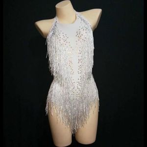 Sahne Giyim Sparkly Rhinestones Beyaz Püskül Bodysuit Kadın Seksi Kulüp Kıyafet Saçak Dans Kostümü Tek Parçalı Şov Şarkıcı Leotard 2359