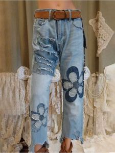 Women's Jeans Summer Womens Jeans Fashionable Denim Patchwork Floral Raw Edge Harajuku Strt High Waist Loose Straight Leg Loose Jeans T240523