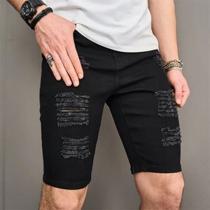 Street Men Holes oroliga Slim Beach Denim Shorts Summer Stylish Solid Male Casual Jean Five-Point Pants 240524