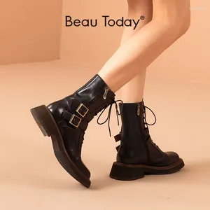 ブーツBeautoday Motorcycle Women Cow Leather Ankle Lengthスクエアトゥジッパーダブルバックル装飾レディースパンクシューズ03222