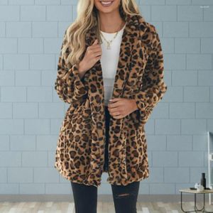 Женские куртки Женщины свободные пальто леопардовое печатное плюшевое для стильного ветропроницаемого средневой длины пальто с карманами лацкана
