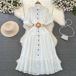 Grundläggande avslappnade klänningar Puff Slves Women Chic Female Ladies Vestido Fashion Light Luxury Wid Down Collar Belt White A Line Elegant Casual Party Dress Y240524