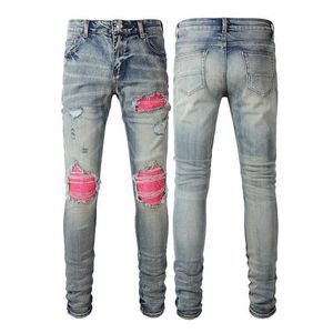 Designer män jeans ljusblå färg block denim hål lapp elastisk tät passande små ben jeans för herrkläder