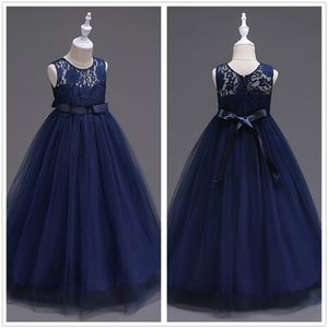 Cute Navy Blue Tulle A Line Sash Long Flower Girls' Dresses Crew Neck Sleeveless Lace Top Birthday Party Little Girl Dresses In St 217H