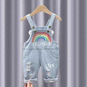 Turisce Rompers Baby Dunarees Girls Girls Hole Wash Jeans Rainbow Stampa pantaloni in materia di turisti in denim 0-4 anni WX5.26