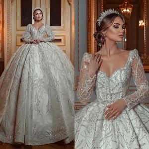 Glamorous Ball Gown Wedding Dresses Sequins Beads Appliques Tulle Organza Sleeves Backless Zipper Pleat Court Gown Custom Made Bridal Plus Size Vestidos De Novia