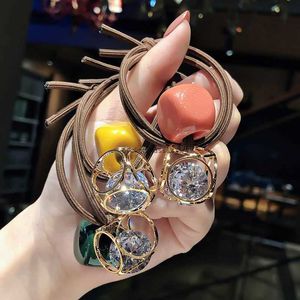 2024New Internet Celebrity Instagram Girl Hair Rope Korean Style Candy Colored Square Head Zircon Loop Leather Band Accessory