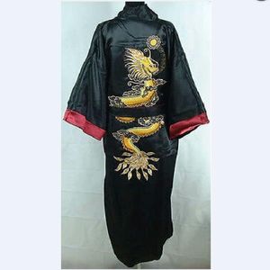 Kinesiska dubbla ansiktsmän Silk Satin Men's Dragon Kimono Robe Gown Bathrobe Dress 255y