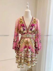 Casual Dresses Women V Neck Crystal Beaded Long Sleeve High Waist Retro Printed Multi-layer Silk Mini Dress