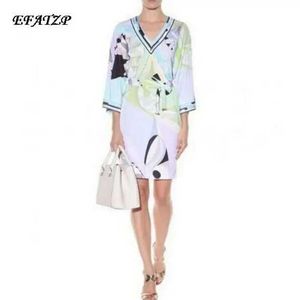 Runway Dresses EFATZP Luxury Brand Runway Dress Womens V-neck Colorful Geometric Print Colorful Silk Casual Dress d240527