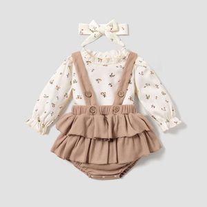 3pcs Baby Floral Print Long-sleeve Top Ruffle Suspender Skirted Shorts Set Perfect for Outings and Daily Wear L2405