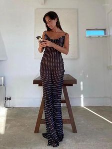 Schwarze Mode Polka Dots Sunddress sexy auf sehen durch spaghetti gurt Maxi Kleid Frauen Sommerkleidung Party Slip Kleider A1259