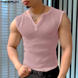 Top inceruns in stile coreano maschile vneck mesh show outs covoni casual streetwear serbatoio senza maniche maschi s5xl 240527