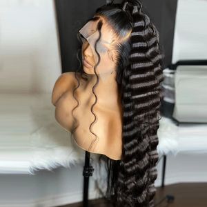360 Deep Wave Spets Front Human Hair Wig Long HD Transparent spets frontala Glueless peruker för kvinnor Förplukt syntetiskt värmebeständigt