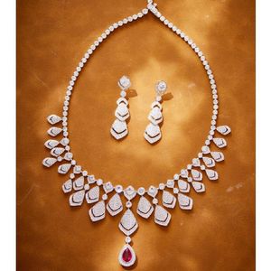 Designer Collection Style High-end Necklace Earrings Women Lady Inlay Red Cubic Zircon Diamond Chain Plated Gold Dinner Party Jewelry Sets