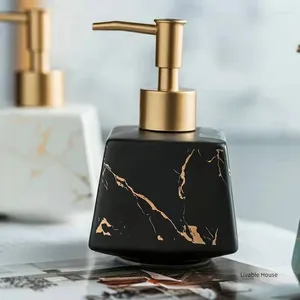 Liquid Soap Dispenser Marble Textured Square Bathroom Bottle Shower Supplies Portable Gold Pressure Head Shampoo Empty 260ML
