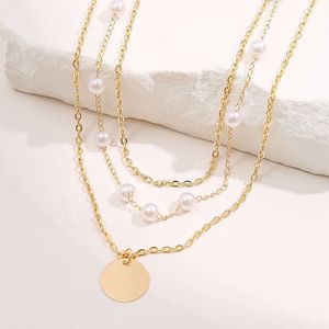 three layer Golden new pearl round pendant necklace stacked collarbone chain Necklace