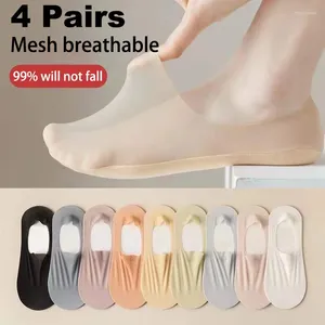 Kvinnors strumpor 4 par/lot Kvinnors ultratunna osynliga båt sömlösa stretch is silk Leisure strump mesh andningsbar non-slip sox