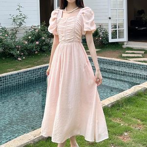 Qoerlin Summer Short Bubble Sleeve Dressesハイウエスト弾性ミディドレス