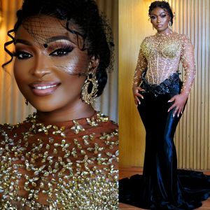 2024 Aso Ebi Plus Size Dark Navy Mermaid Prom Dress Beaded Crystals Evening Formal Party Second Reception 50th Birthday Engagement Thanksgiving Gowns Dresses ZJ333