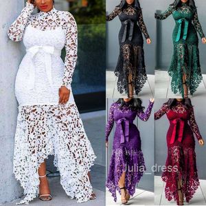 Small Batch New Womens Lace Hollow Long Sleeved Standing Collar Irregular Dress