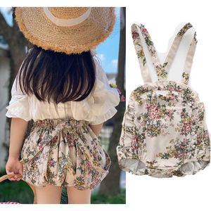 Overaller Rompers Retro Floral Girl Top Baby Pendant Trousers Belt Shorts Toddler Girl Jumpsuit Spets Tight Piting Suit WX5.26