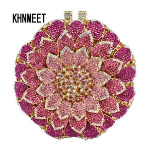 Evening Bag Laisc Pink Circular Flower Shape with Metal Diamond Ladies Clutch Party Crystal Purse Prom Pouch Sc202-b 1214 269S