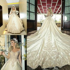 Nowe, długie rękawy A-line sukienki ślubne koronkowe aplikacje koralikowe suknie ślubne Formalne długie ogrodowe szatę de małżeństwo