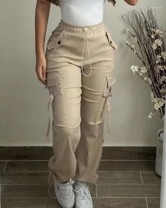 Kadın Pantolon Kargo 2024 Bahar Moda Sokak Cep Tasarımı Drawstring Kelepçeli Günlük Sıradan Ovası Uzun Çok Yönlü